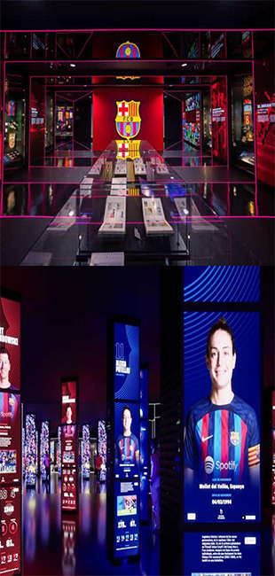 FC Barcelona museum exhibit showcasing vibrant displays and player profiles featuring notable achievements linked to the club and its history including highlights from the number 9 jersey